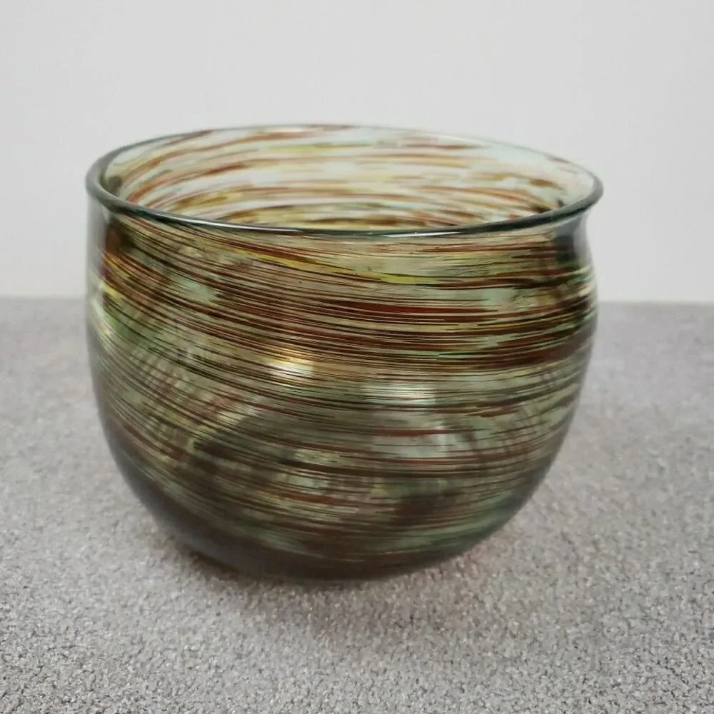 David Kolasky Signed Studio Blown Art Glass Vase Brown & Multi Swirls Bowl